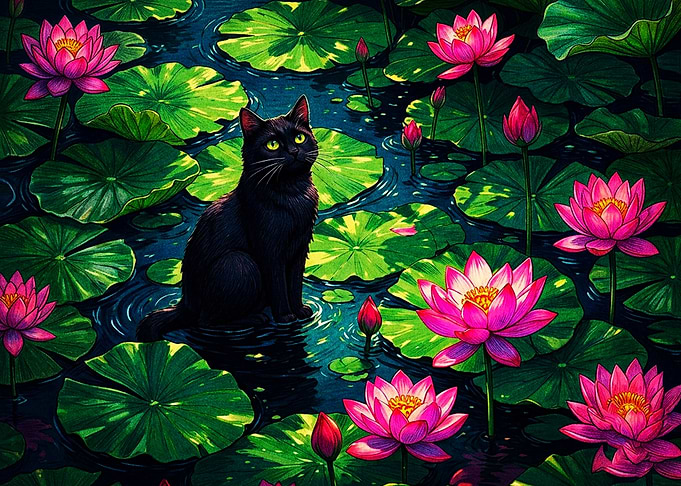 Black Cat in Lotus Pond