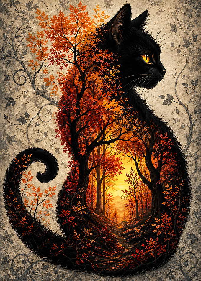 Double Exposure Autumn Forest Cat