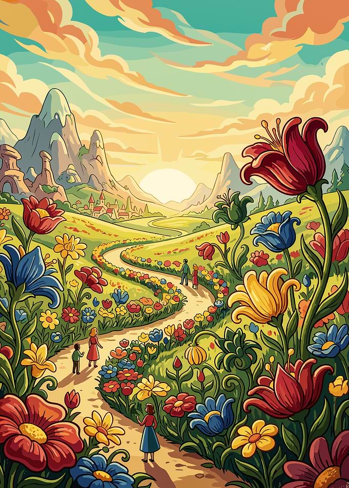 Whimsical Floral Path to Mountains