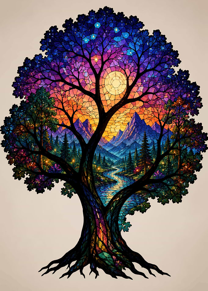 Stained Glass Tree Landscape Art