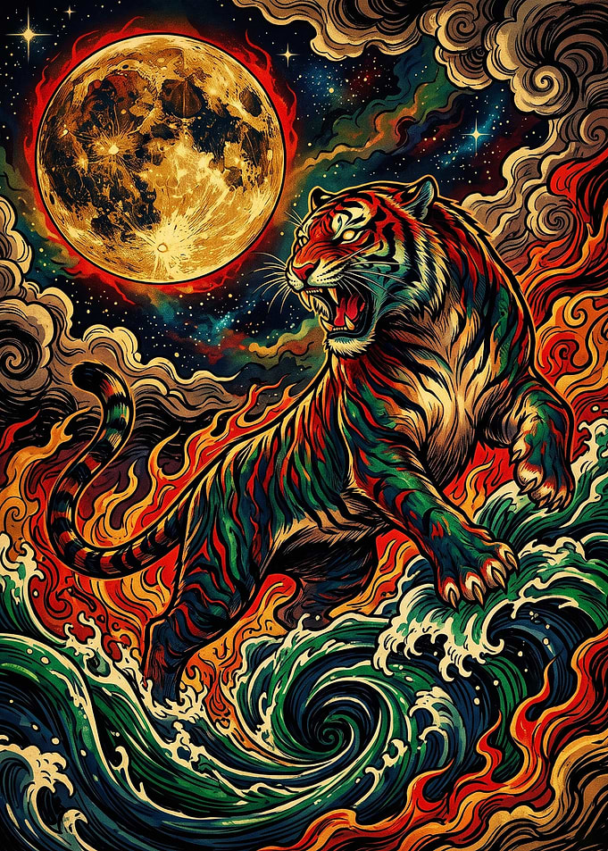 Tiger Roaring Under Fiery Moon