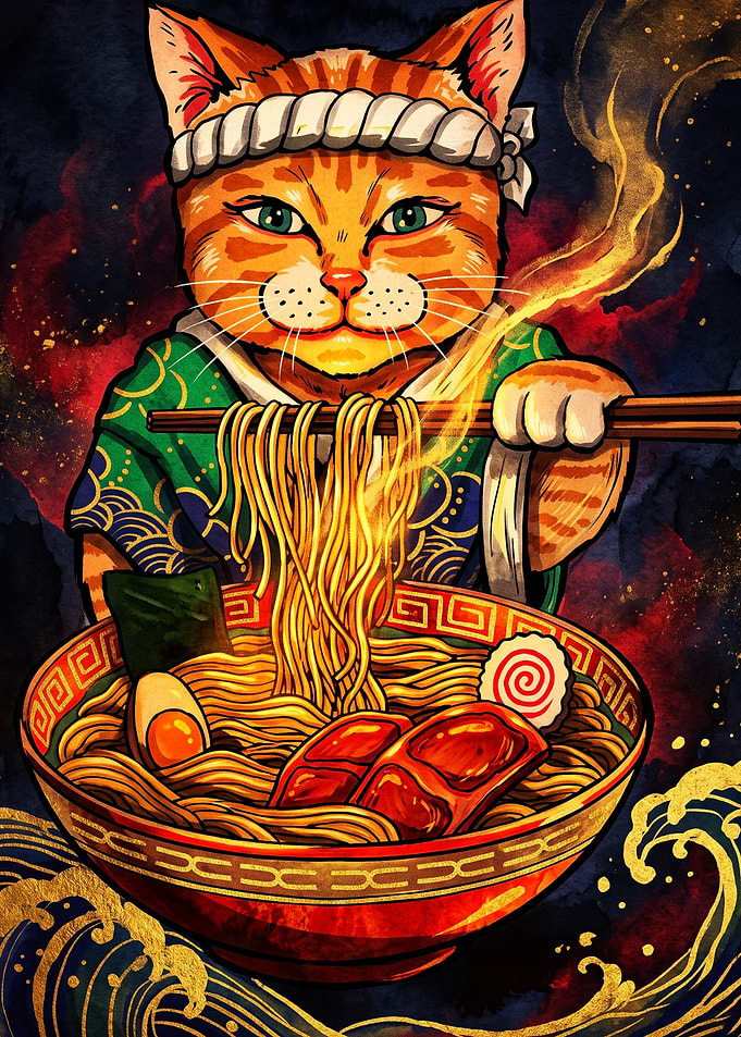 Cat Chef Eating Ramen Illustration