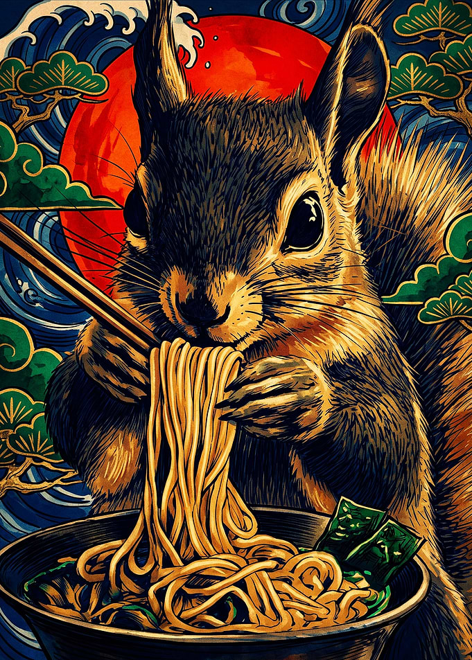 Squirrel Eating Ramen Japanese Art