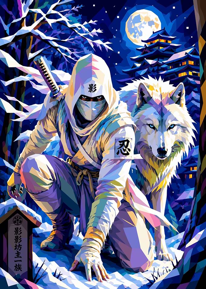 White Ninja and Wolf in Snow