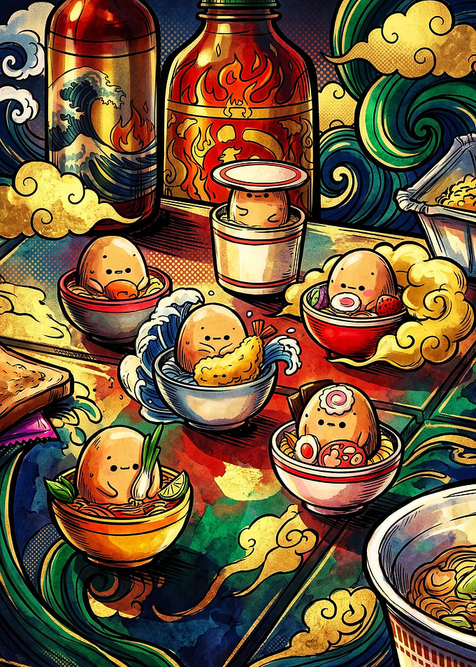 Cute Egg Characters in Ramen Bowls