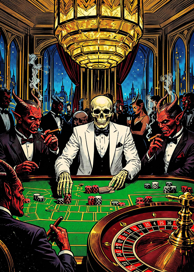 Skeleton and Devils Gambling in Casino