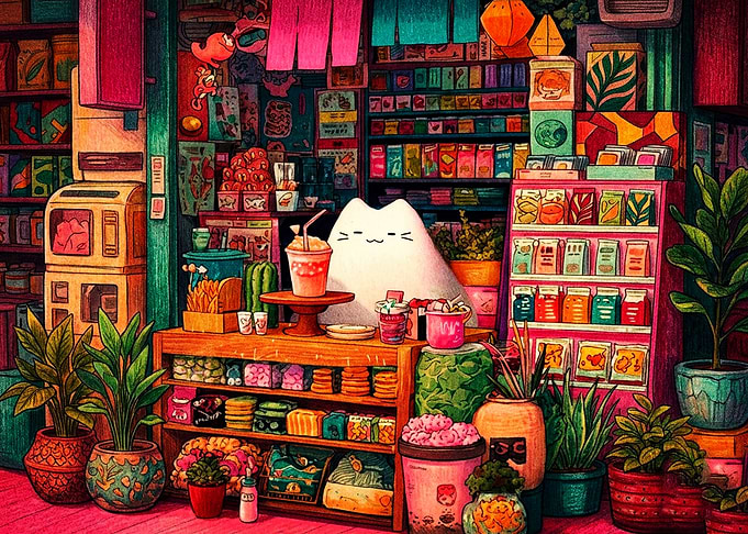 Cute Cat Shopkeeper in Colorful Store