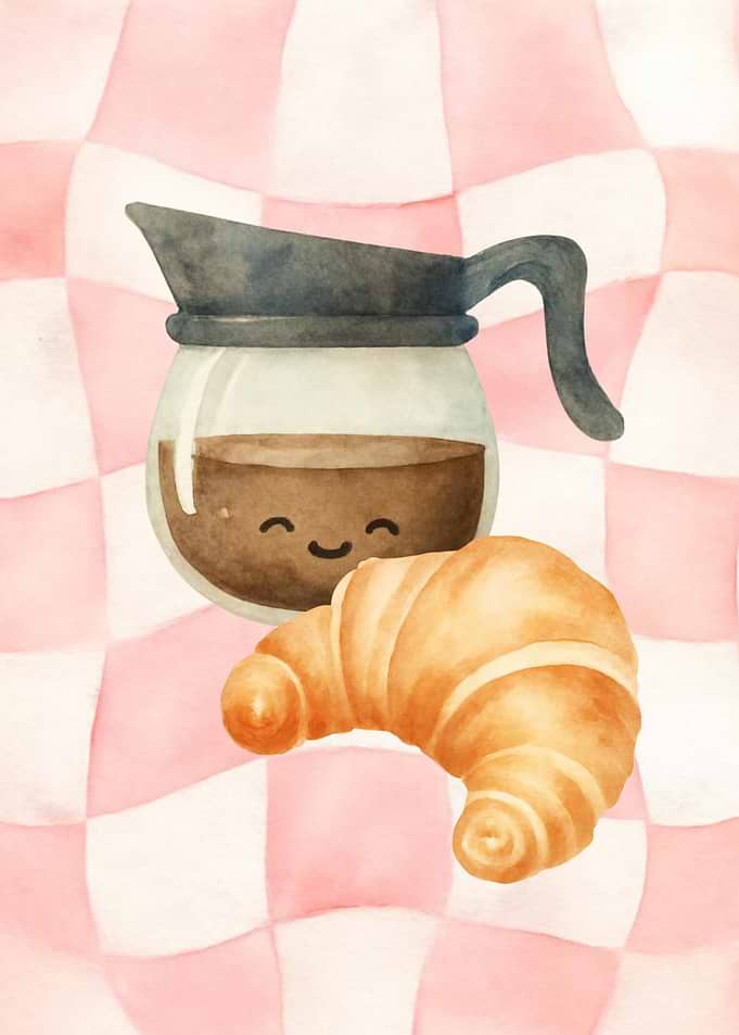 Cute Watercolor Coffee and Croissant