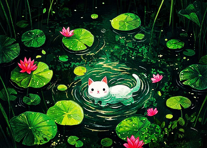 Cute White Cat Swimming in Pond