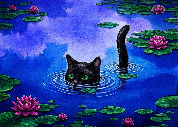Black Cat Swimming in Pond