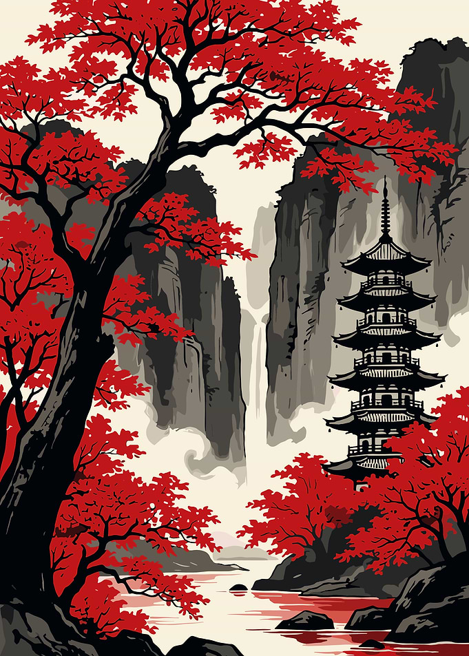 Traditional Japanese Pagoda and Red Trees
