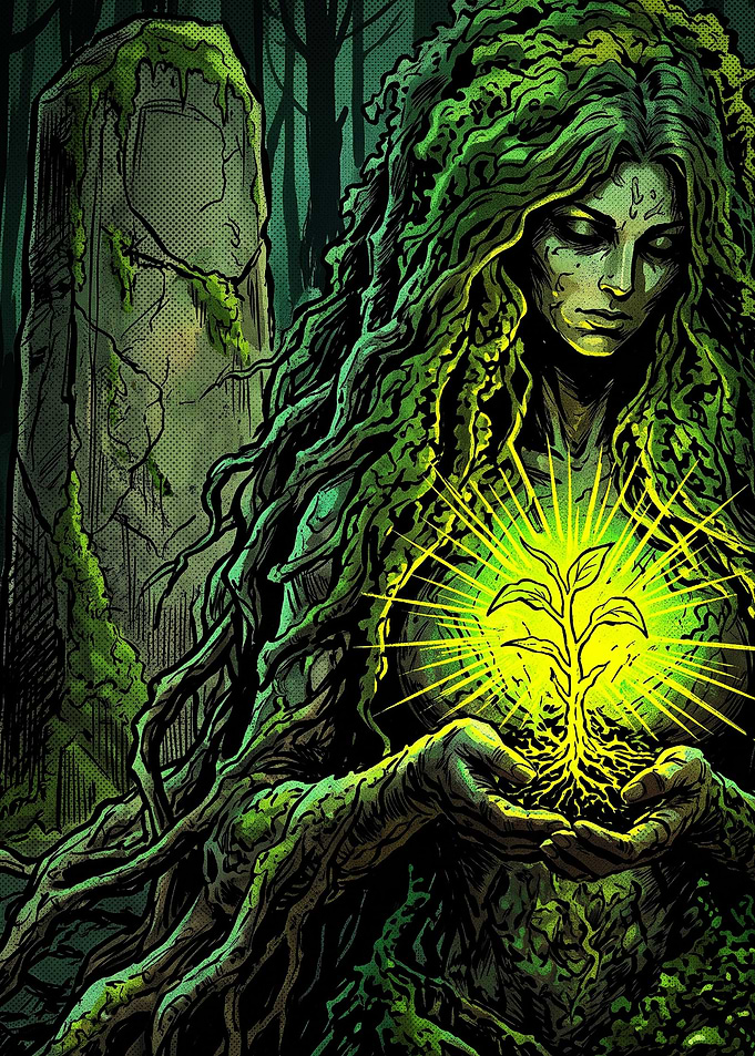 Forest Goddess Holding Glowing Sprout