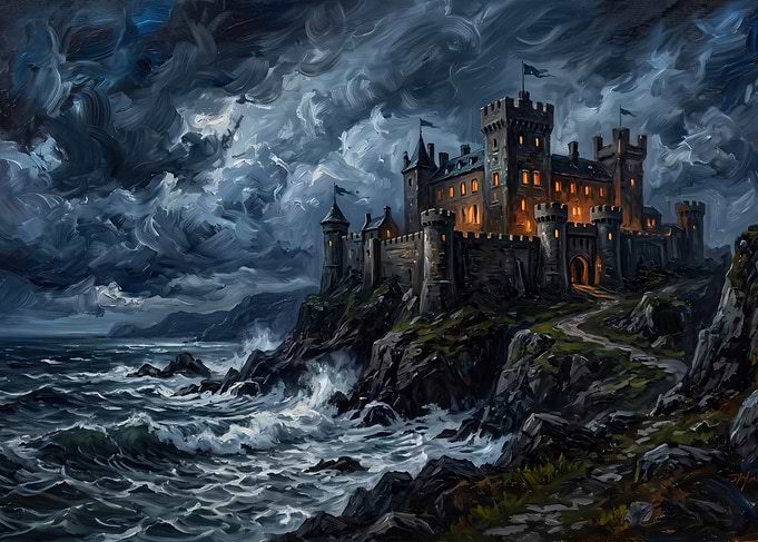 Stormy Coastal Castle at Night