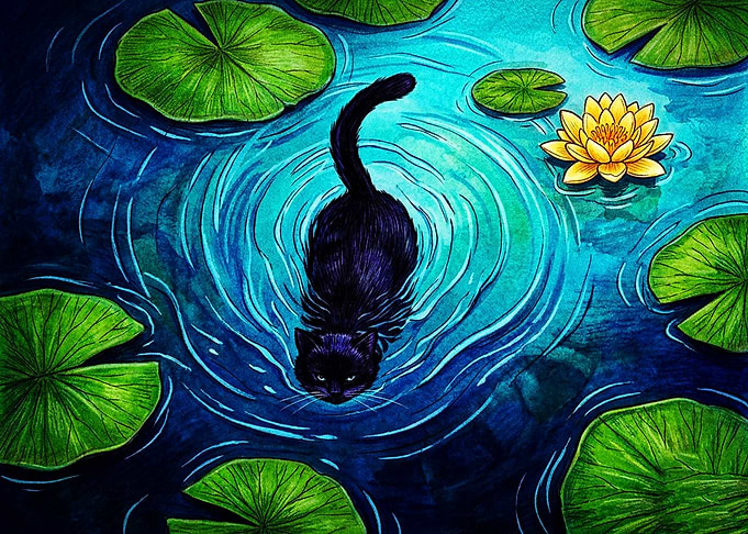 Black Cat Swimming in Pond