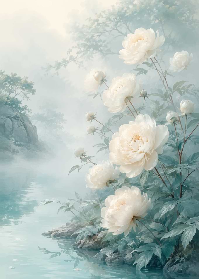 Ethereal White Peonies by Misty Water