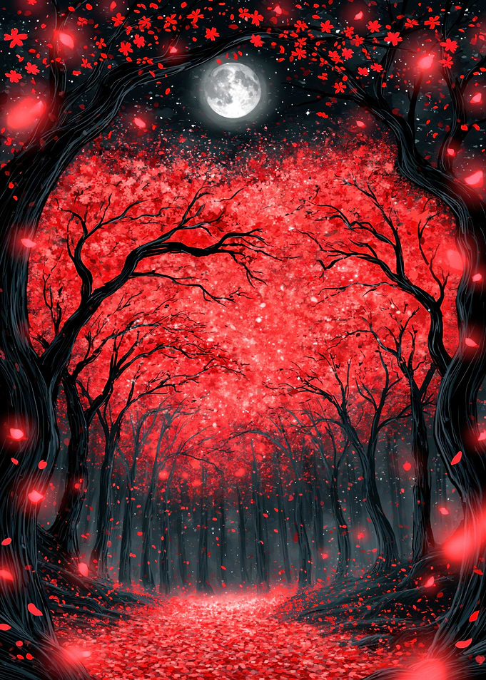 Enchanted Red Forest Under Moonlight