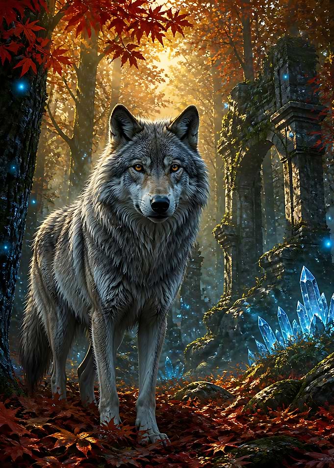 Majestic Wolf in Enchanted Autumn Forest