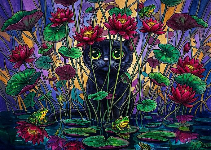 Black Cat in Lotus Pond