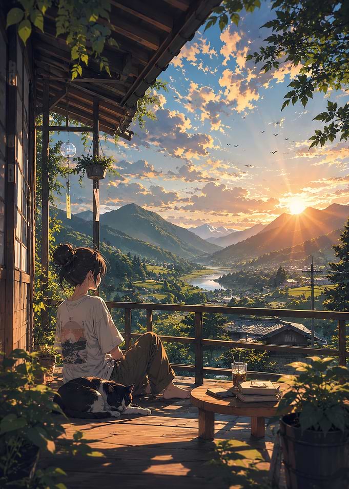 Girl and Cat Watching Mountain Sunset