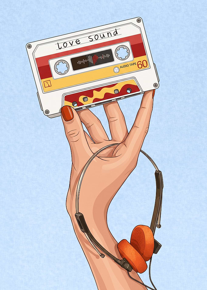 Retro Cassette Tape and Headphones Illustration