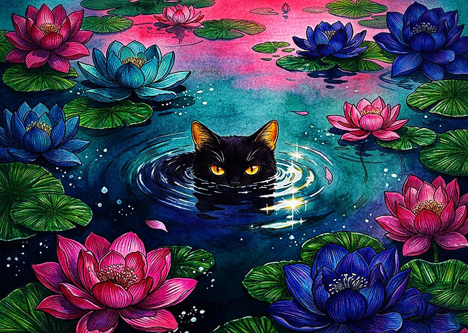 Black Cat in Lotus Pond