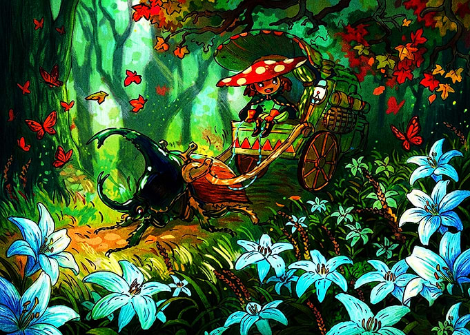 Mushroom Girl Riding Beetle Carriage