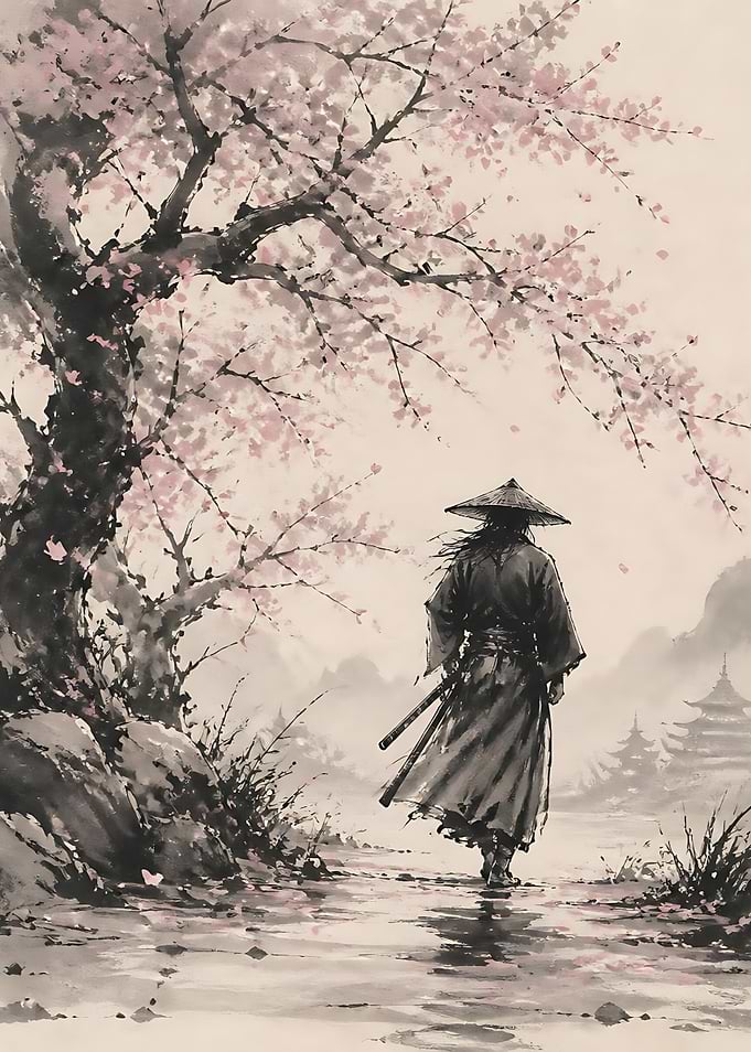 Lone Samurai Under Cherry Blossom Tree