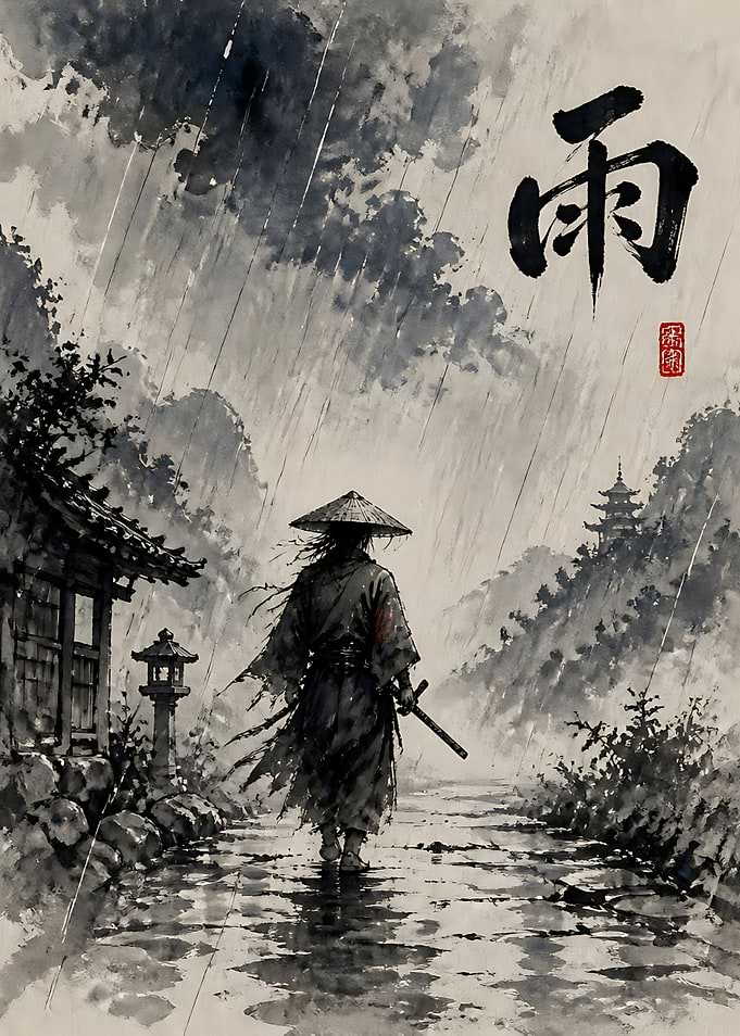 Lone Samurai Walking in Rain