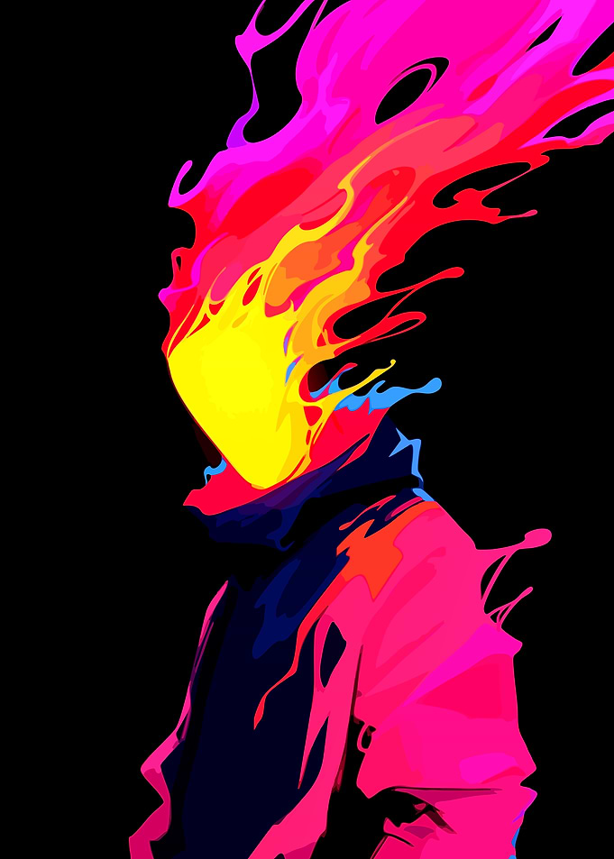 Abstract Neon Fire Head Silhouette
