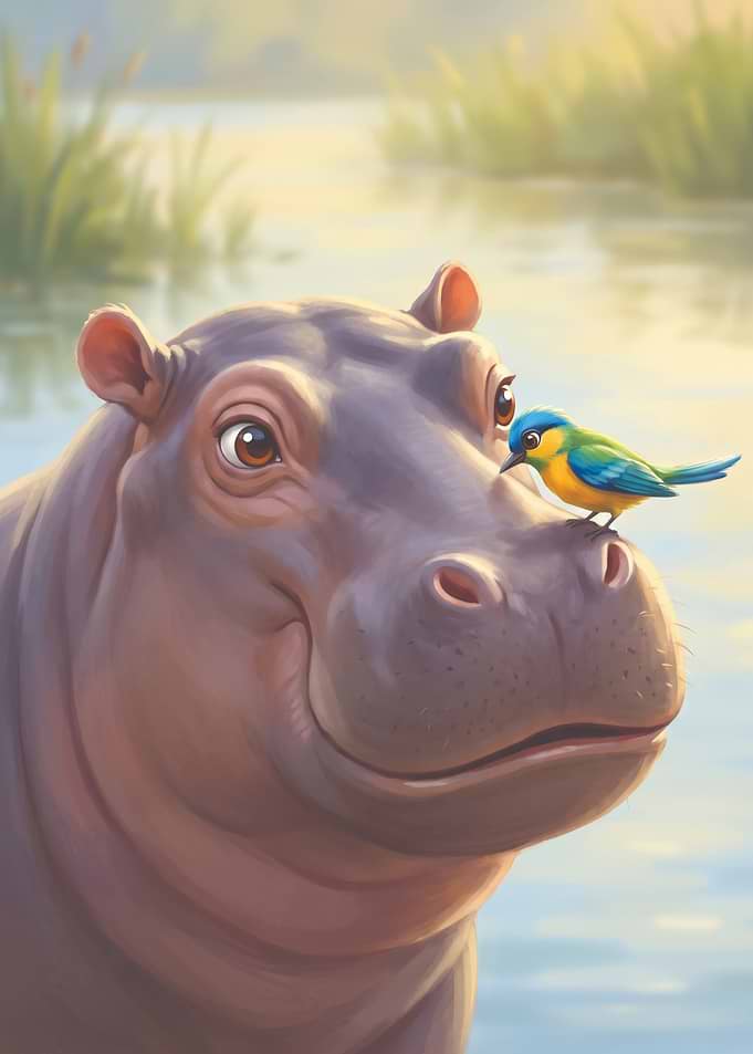 Friendly Hippo and Small Bird