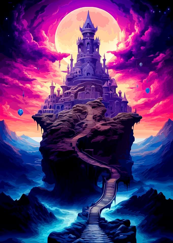 Floating Castle Under Neon Moon