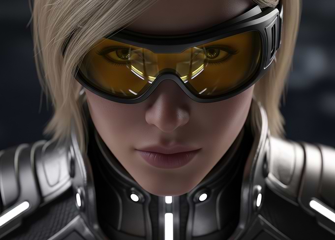 CGI Close-Up Portrait of Futuristic Blonde Woman in Tactical Gear
