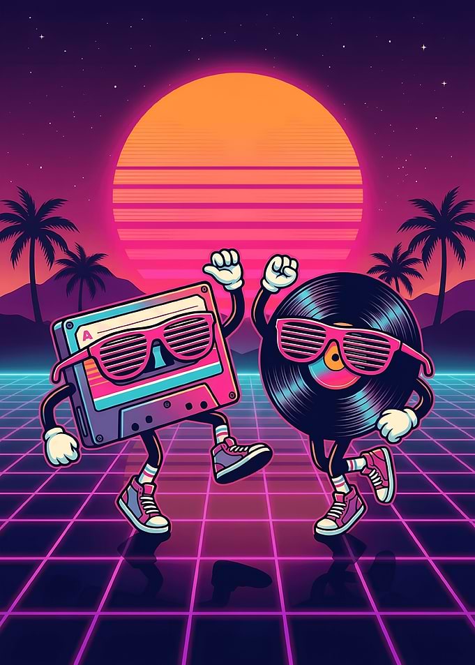 Retro Synthwave Cassette and Vinyl Dance
