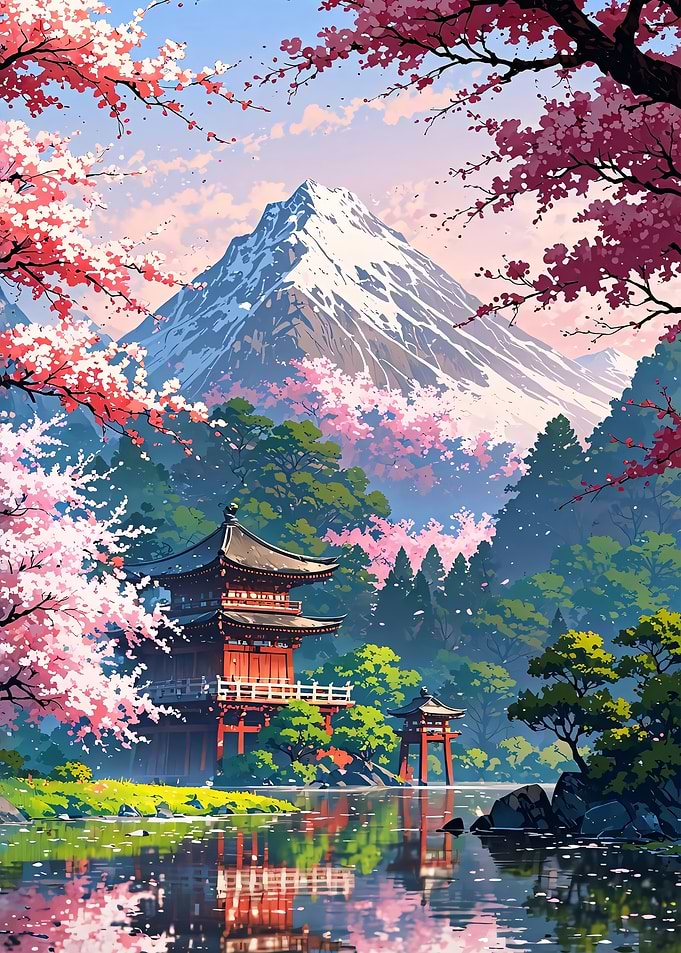 Japanese Temple Under Snowy Mountain