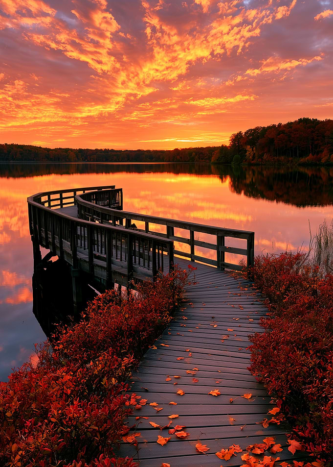 Autumn Sunset Over Wooden Lake Pier
