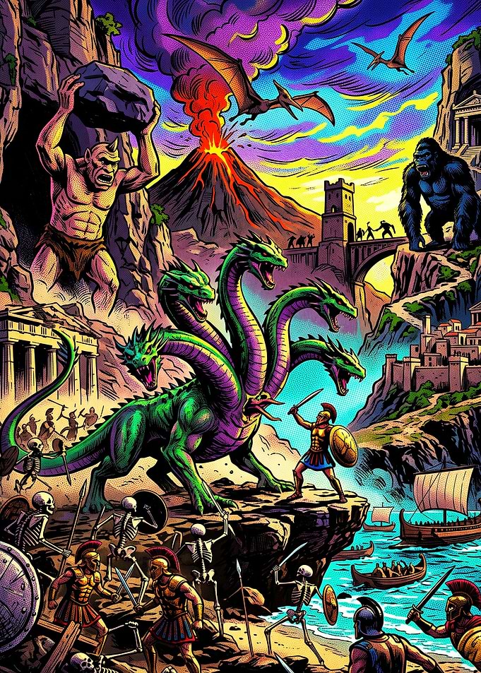 Epic Mythological Battle Scene Illustration