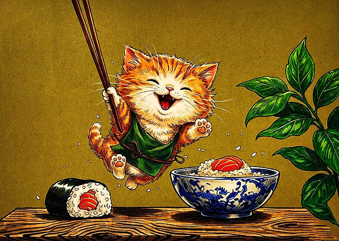 Cute Kitten Eating Sushi Illustration