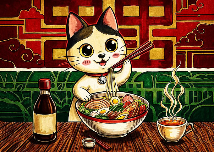 Cute Cat Eating Ramen Illustration