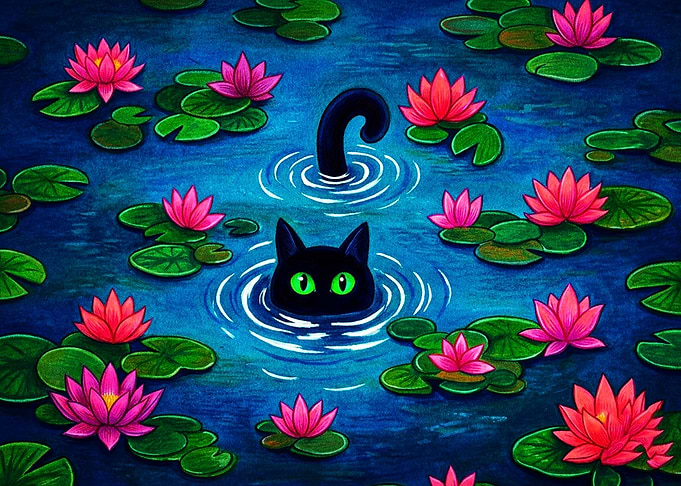 Black Cat in Lotus Pond