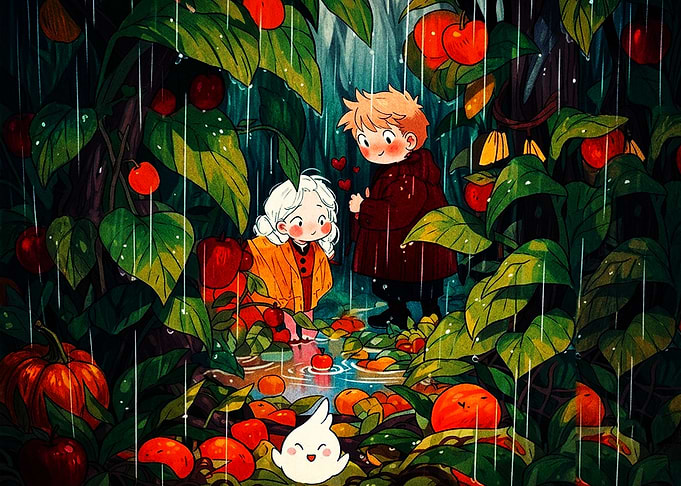 Children Playing in Rainy Orchard