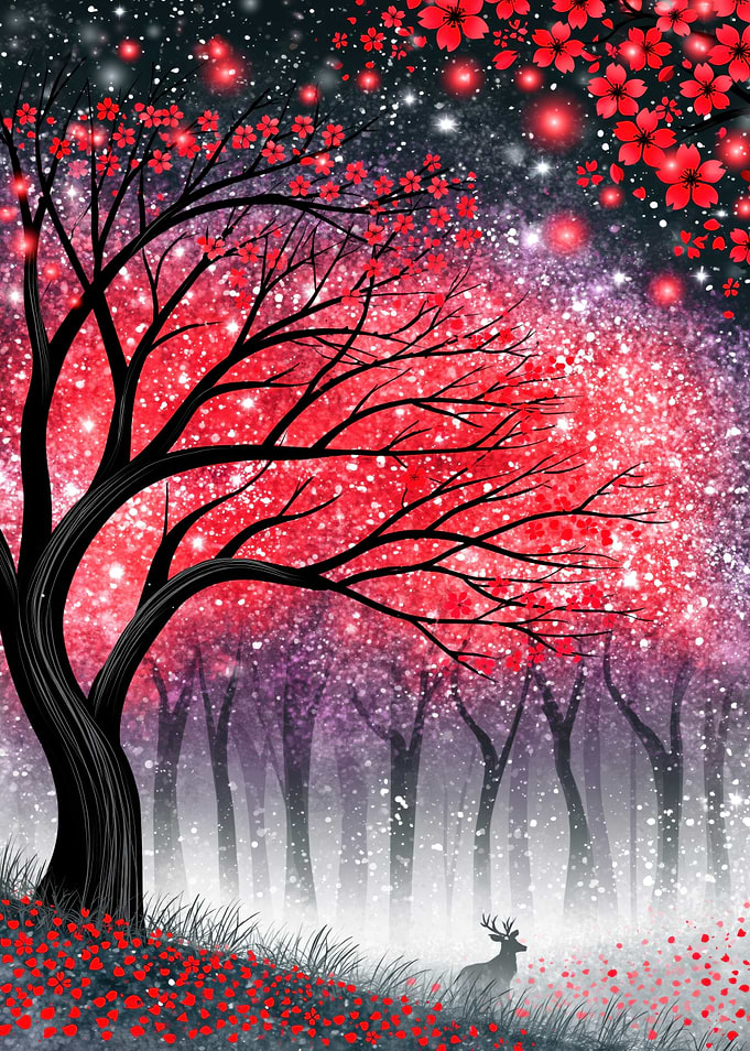 Enchanted Red Cherry Blossom Forest
