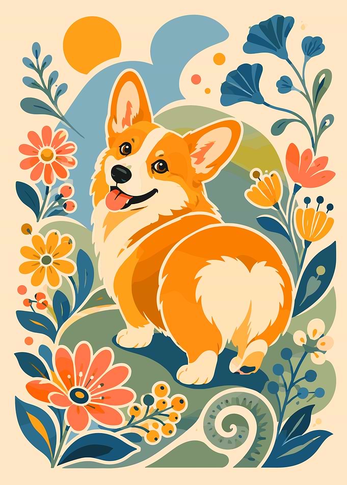 Cute Corgi in Floral Garden Illustration
