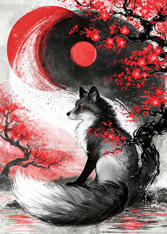 Black Fox Under Red Cherry Blossoms