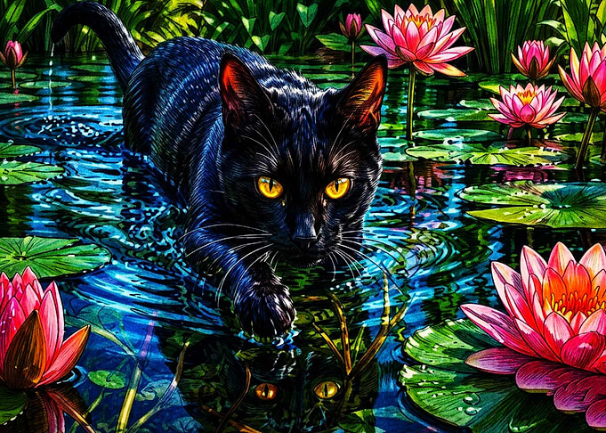 Black Cat in Lotus Pond