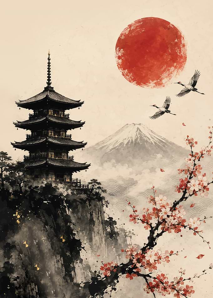Japanese Pagoda with Mount Fuji