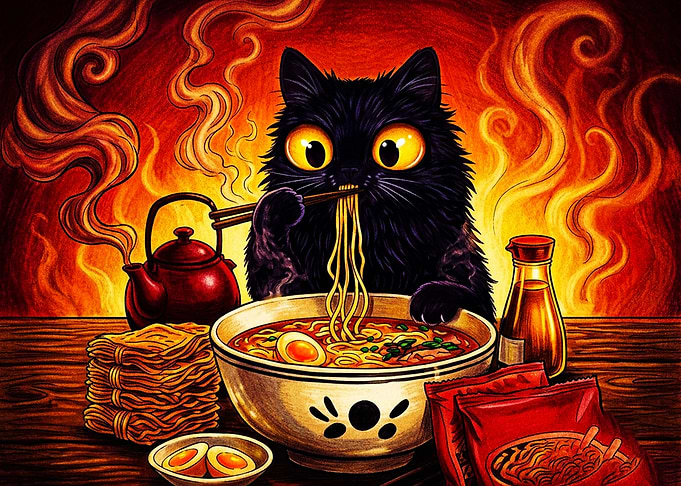 Black Cat Eating Spicy Ramen