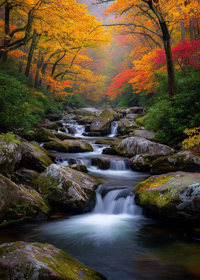 Autumn Forest Waterfall - Cascading Fall Foliage Art