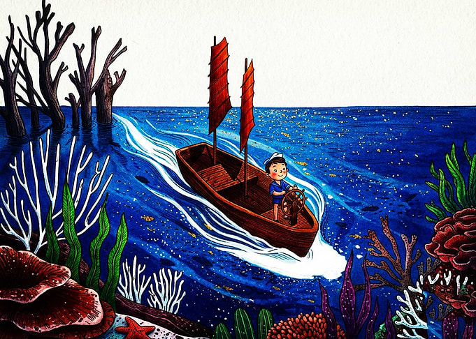 Boy sailing a junk boat