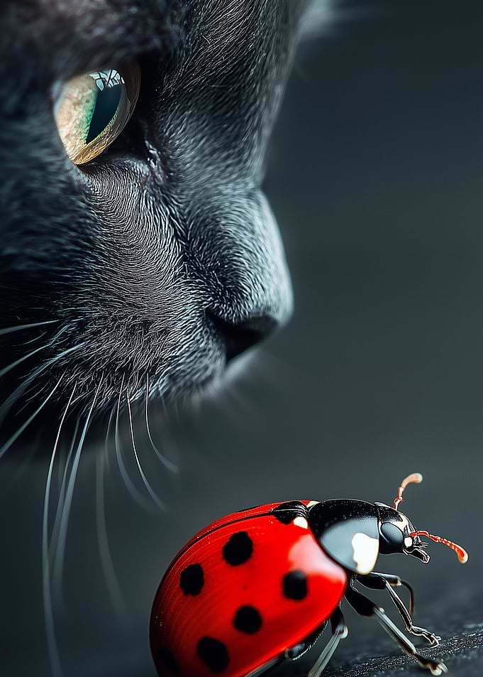 Black Cat Observing a Ladybug