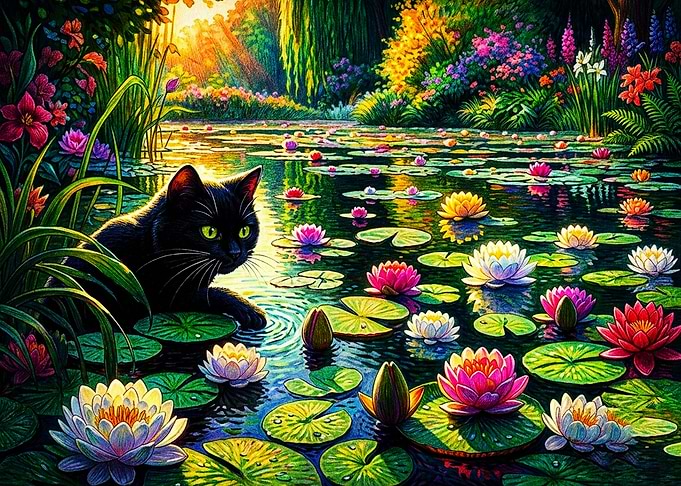 Black Cat in Lotus Pond